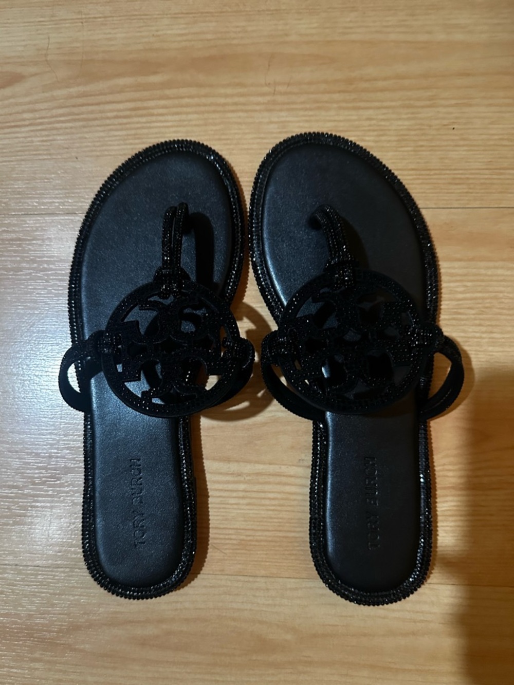 Tory Burch Black Embellished Logo Thong Sandals